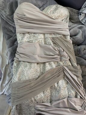 bebe Strapless Taupe Lace & Draped Chiffon Evening Dress